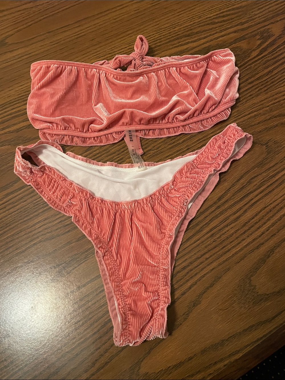 SHEIN Coral Pink Velvet Ruched Bandeau Bikini Set